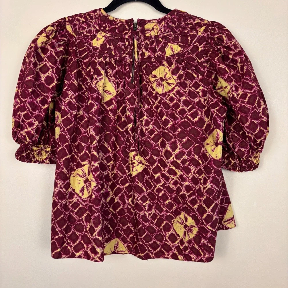 ULLA JOHNSON 100% Cotton Carmela Blouse In Brick Maroon Women Size 4 Puff Sleeve
